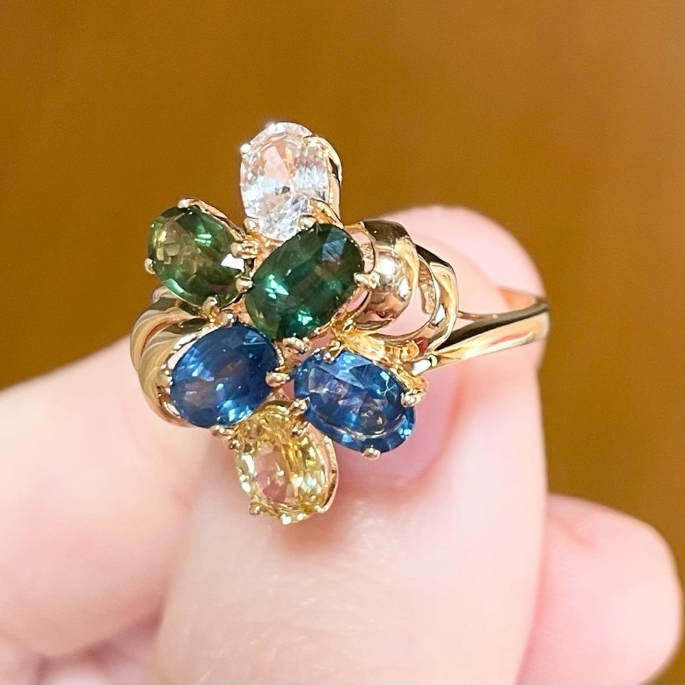 14K multicolor rainbow Genuine Sapphire oval cut cluster gold ring . - Picture 8 of 10